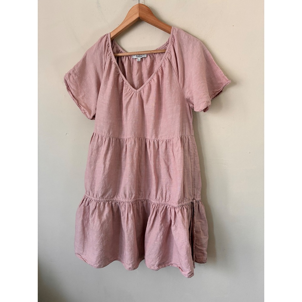 Madewell Pink Linen Blend Tiered Mini Dress V-Neck Short Sleeve M Cottagecore